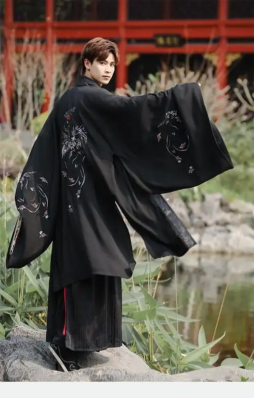 黑色系凤凰大氅交领上衣襦裙套装传统男士武侠风大码古装表演班服
