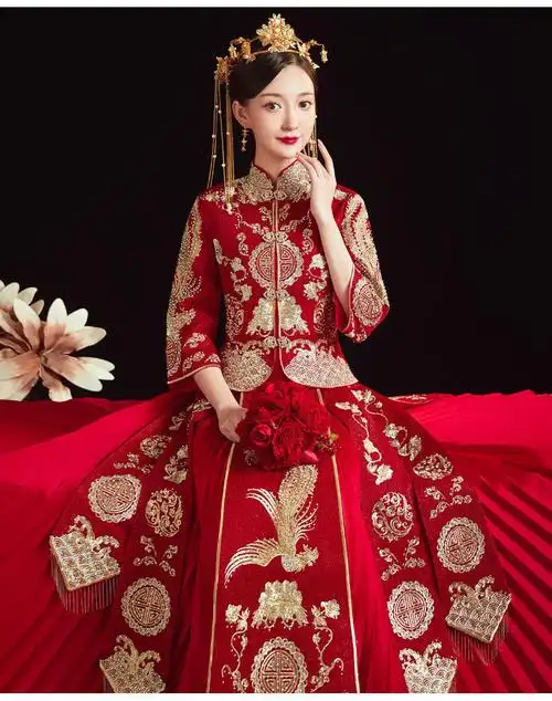 新娘服新娘结婚新款中式婚纱礼服中国风婚服女龙凤褂秀和服嫁衣红色