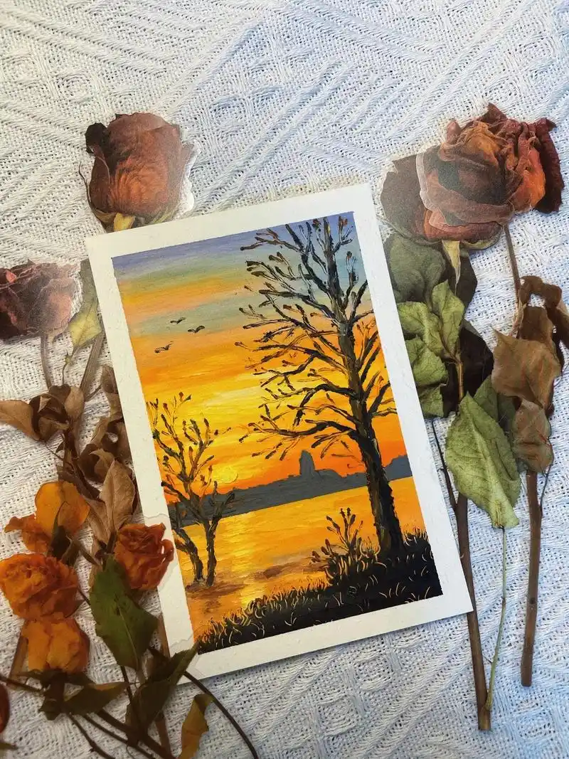 油画棒风景日落有手就能画超快超简单