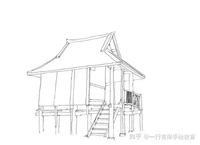 一行手绘钢笔画傣族竹楼60