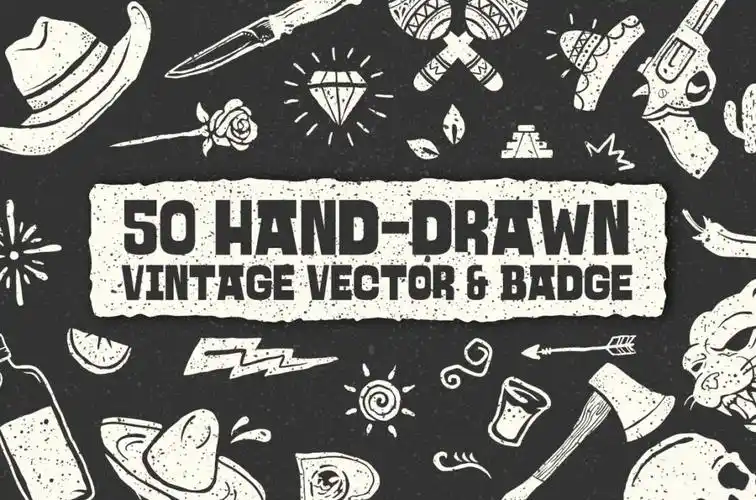 50个复古矢量徽章与手绘涂鸦风格装饰图案50handdrawnvintagevector