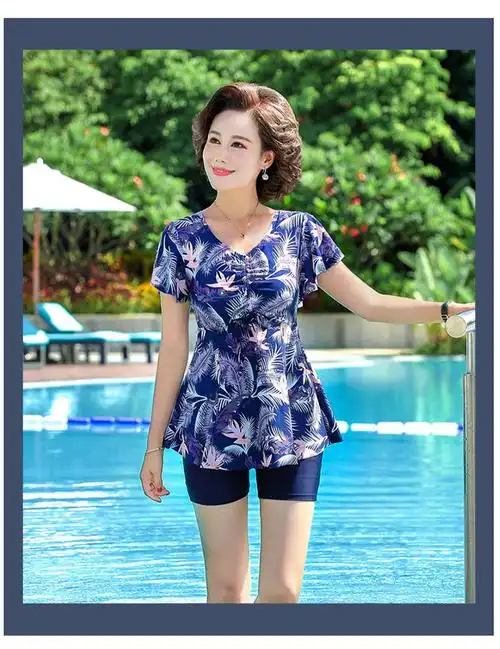 中老年人泳衣女保守妈妈款连体分体五分遮肚显瘦大码游泳装宽松花帽