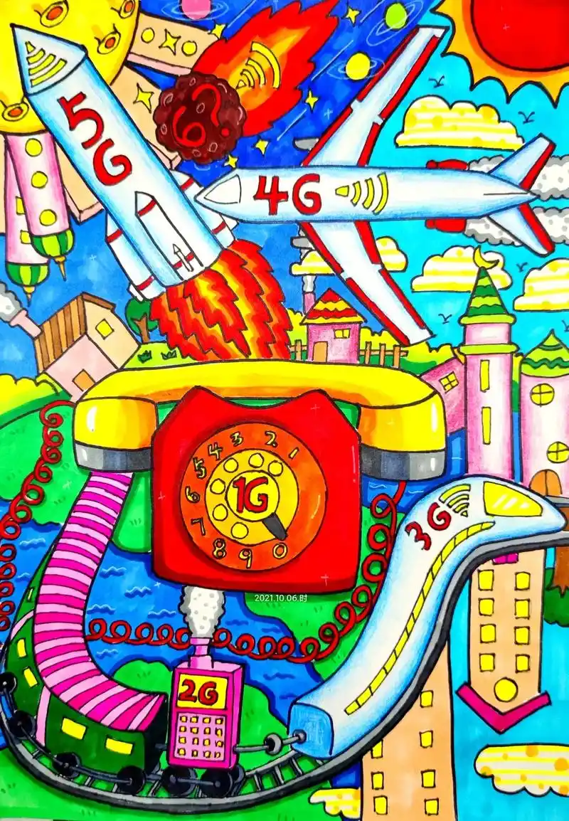 8-9岁青少年科幻画《科技引领新时代》#科幻画 #科幻画作品 - 抖音