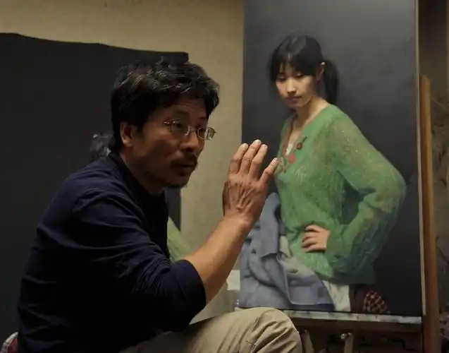 冷军与模特小姜超写实油画作品