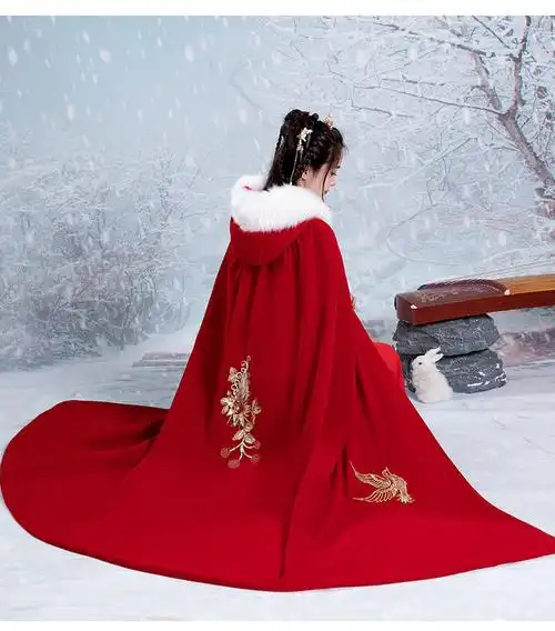 新娘结婚披肩汉服新娘披风斗篷古风成人长款红色女秋冬加厚结婚中国风