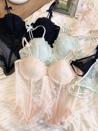法式性感刺绣蕾丝马甲文胸套装内衣吊袜丁字裤塑身纯欲软钢圈聚拢