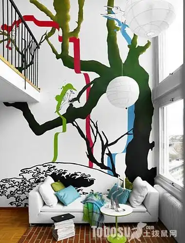 大幅手绘客厅背景墙效果图