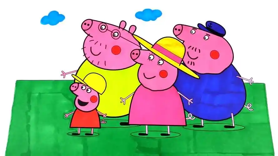 小猪佩奇和一家人开开心心去旅游卡通简笔画上色游戏