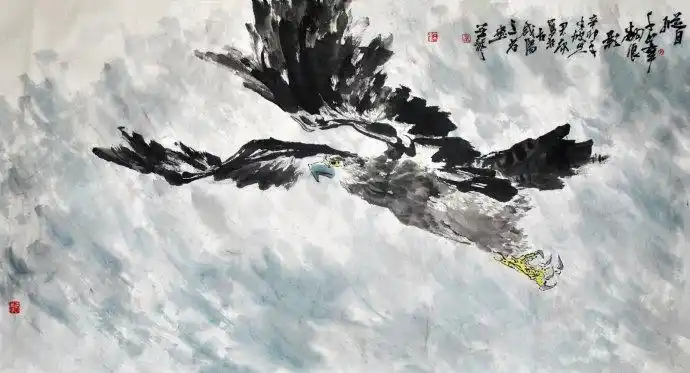 安君康六尺整张中国画写意雄鹰图《纵目千峰翻浪影》