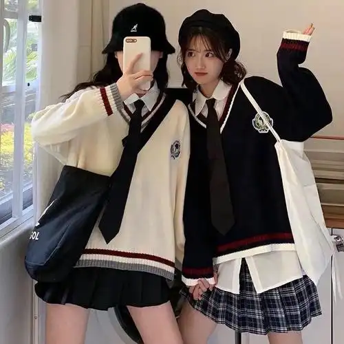 日系毛衣针织衫v领套头外套jk制服裙全套学院闺蜜套装秋冬姐妹装