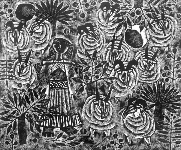 康宁,《少女和羊》, 版画,83x100cm,1989年唐允明《野山》 获铜奖