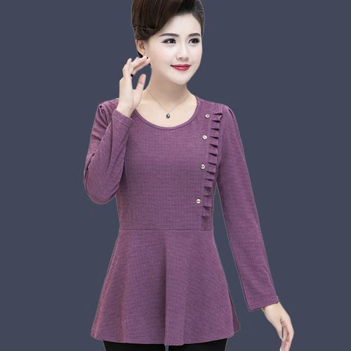 为知树中年ma妈春装长袖上衣女式春秋中长款打底衫40岁50t恤女 气质