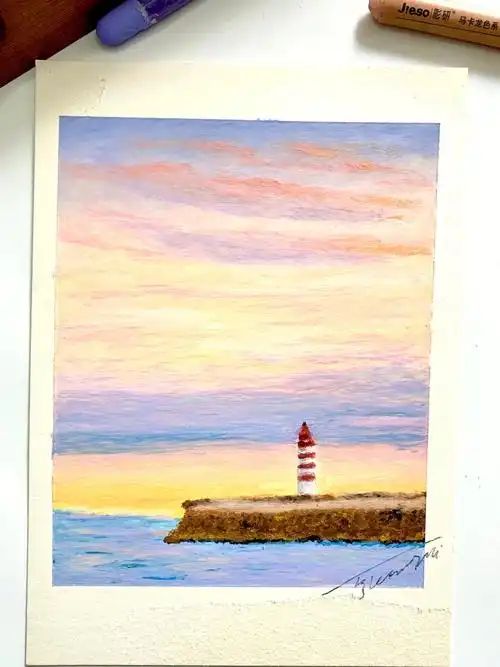 灯塔油画棒过程图