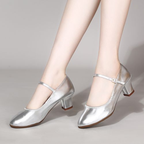 新款广场舞蹈鞋拉丁舞鞋真皮跳舞女鞋银色舞蹈鞋女式成人中跟软底