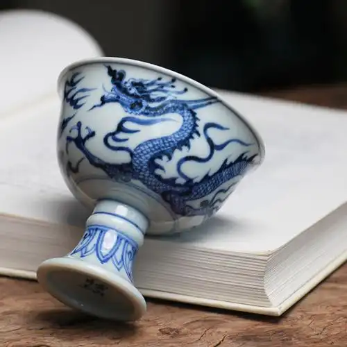 手绘元青花龙纹高脚主人杯茶杯单个高足杯茶盏景德镇手工陶瓷茶具