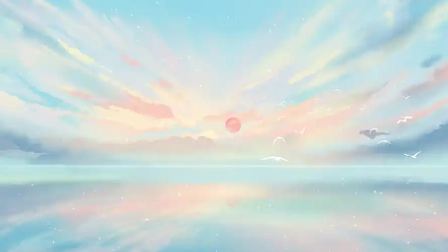 唯美天空插画手绘大海蓝天白云风景背景云朵治愈落日夕阳插画背景[mp4