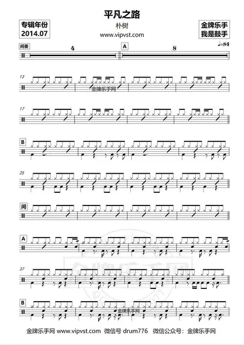 朴树 - 平凡之路 鼓谱(动态)20元