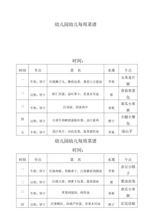 幼儿园每周菜谱