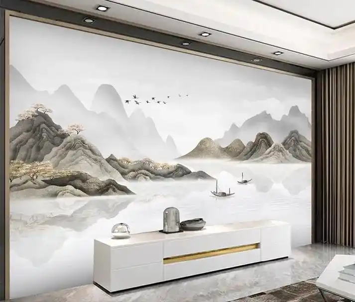 3d水墨意境山水画8d沙发电视背景墙新中