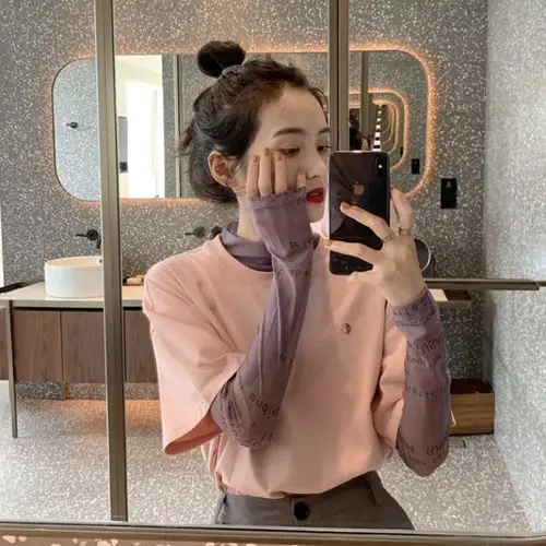 粉色短袖t恤女ins潮宽松中长款下半身失踪上衣网纱长袖内搭打底衫