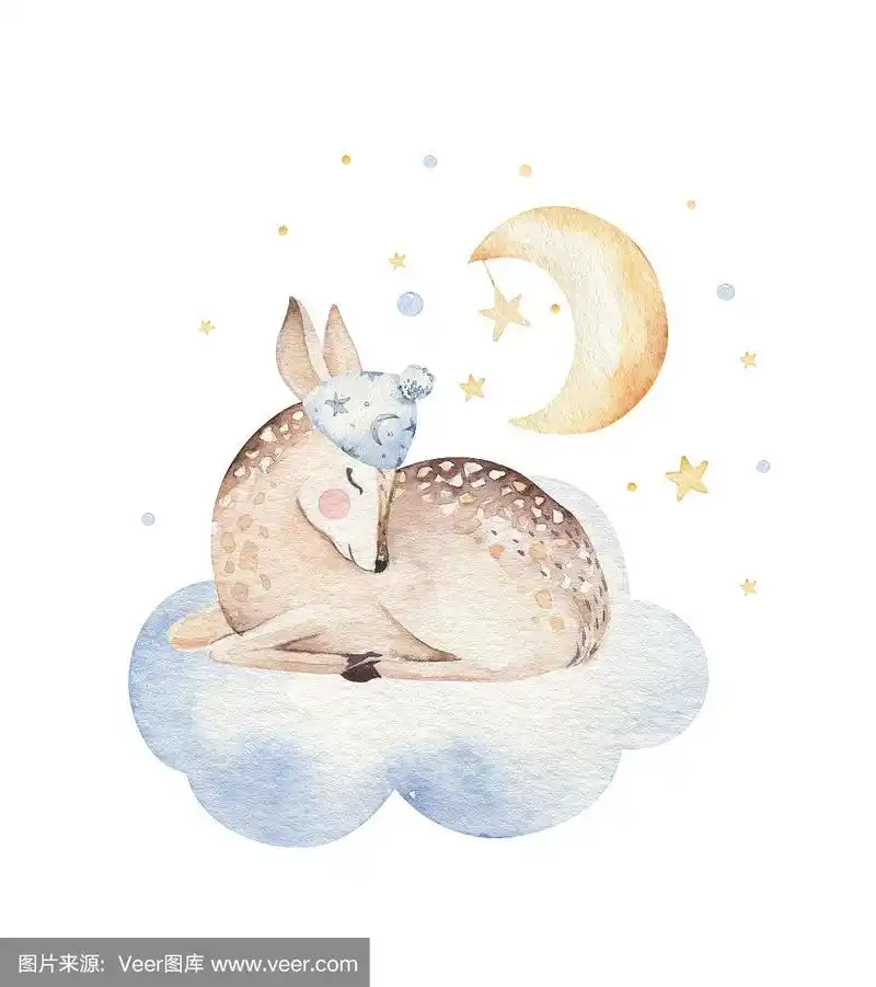可爱的梦幻卡通鹿动物手绘水彩插图.
