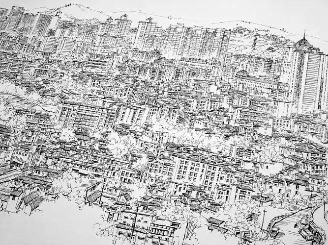 钢笔画 英德全景