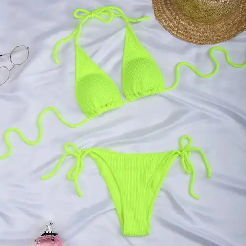 2022特殊布料bikini欧美泳衣性感比基尼纯色分体女士泳装c3153