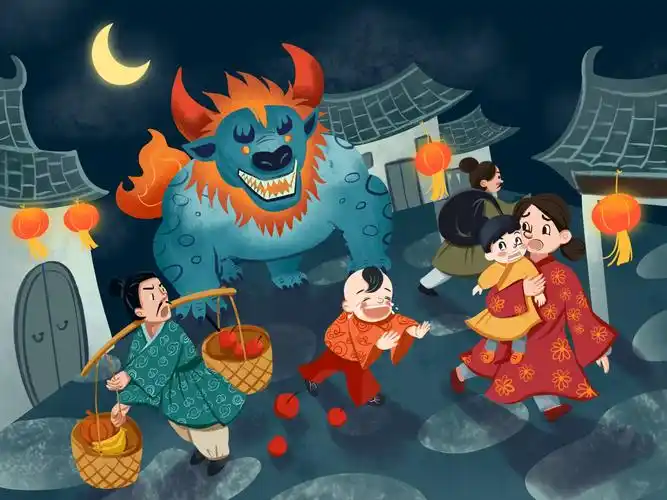 月夜年兽 ,夜黑风高的夜晚,年兽潜入古镇,人们疯狂逃窜