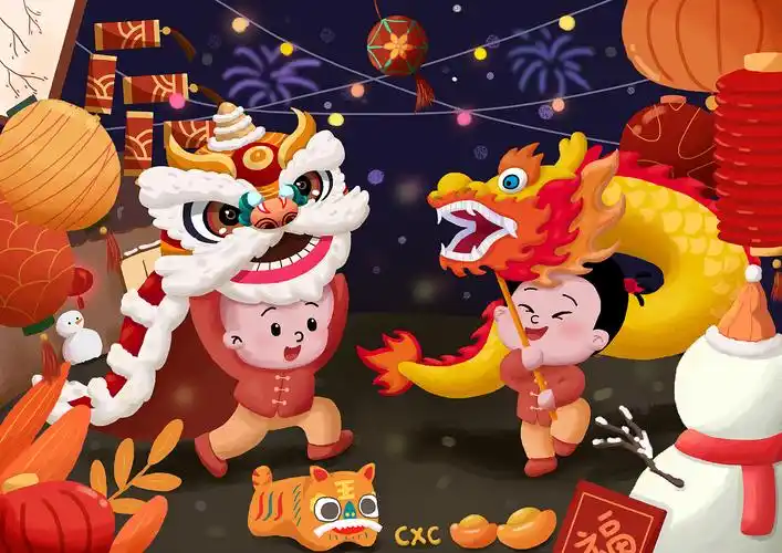 结课作业画的一个年俗类海报,用的是舞狮和舞龙的题材.