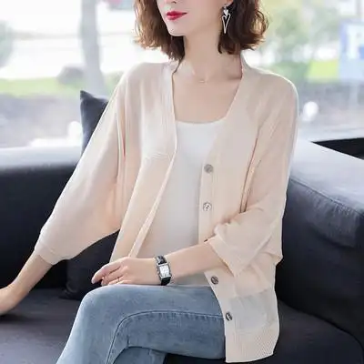 冰丝针织开衫女短款外套妈妈夏季大码外搭披肩宽松薄款防晒空调衫