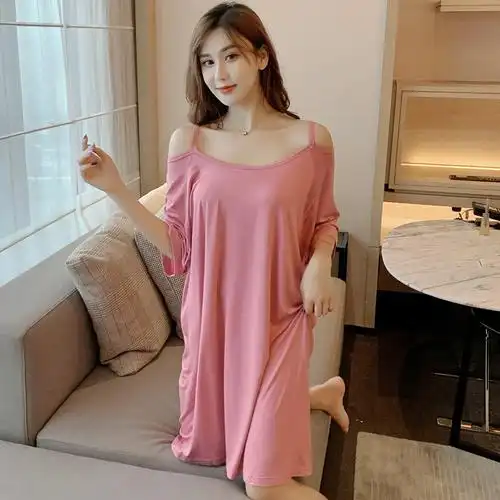 hlcoman夏季韩版睡裙女莫代尔棉薄款短袖大码睡衣性感露肩春秋连衣裙