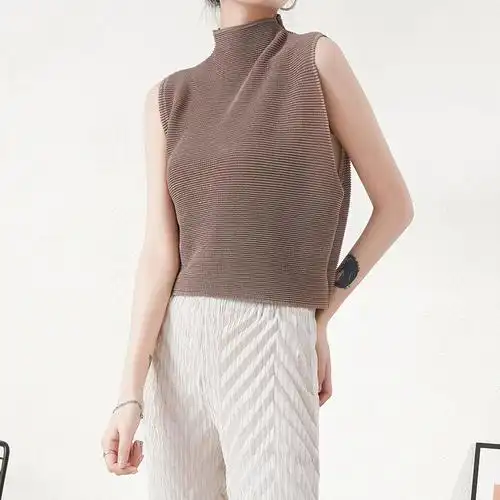 内搭无袖上衣三宅褶皱设计感小众高领背心女夏外穿宽松t恤打底衫