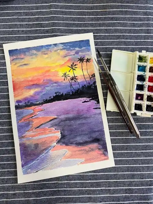 水彩  #海滩  #夕阳  #水彩风景  #装饰画  #水彩手绘