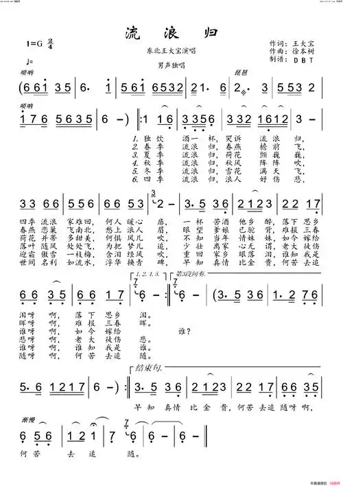 《流浪归(男声独唱)》简谱 东北王大宝作词 徐本树作曲 东北王大宝