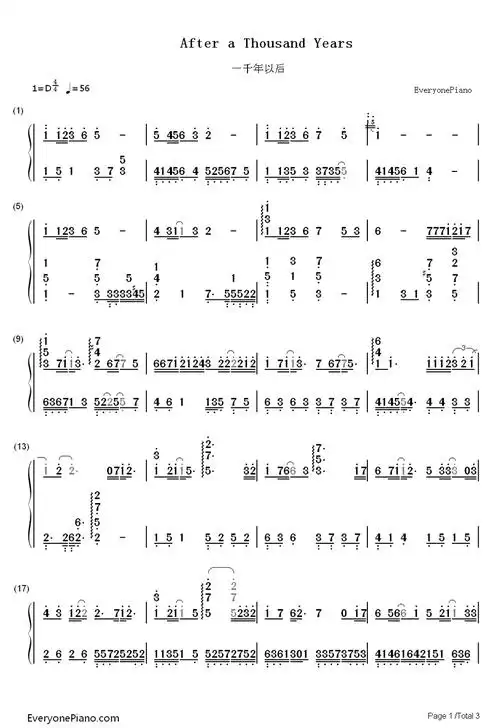 一千年以后双手简谱预览1