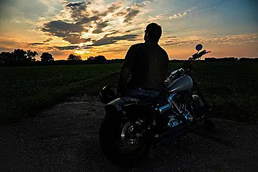 男人,摩托车,看,日落