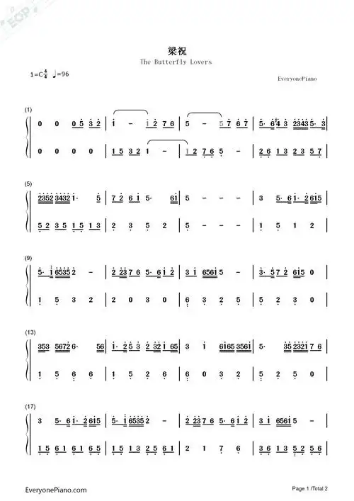 梁祝-c调好听简版双手简谱预览1