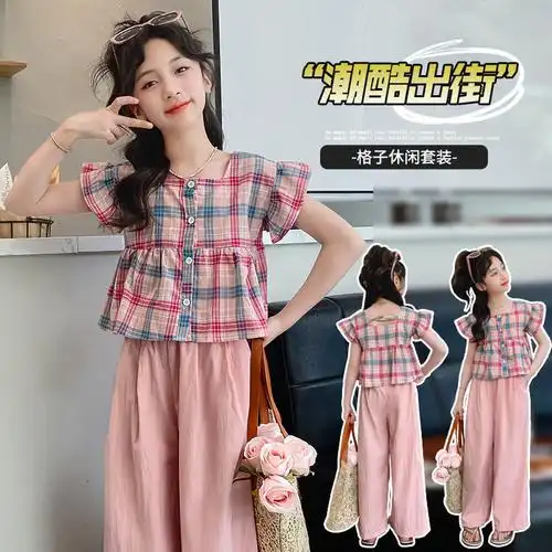 女大童夏季童装时尚风童套装女童格子上衣阔腿裤两件套薄跨境代发