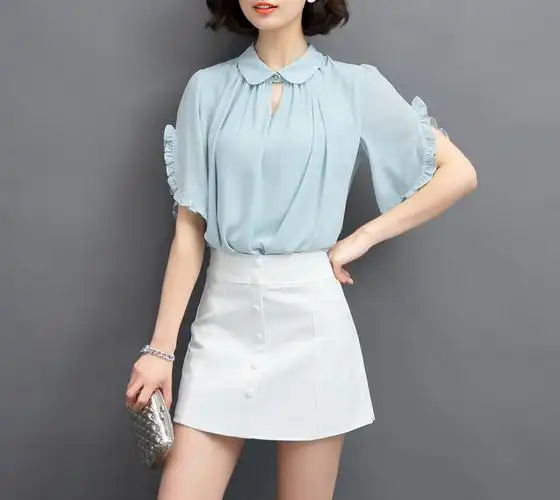 夏季新款女装短袖雪纺衫女蕾丝衫衬衣夏装宽松衬衫夏上衣气质小衫