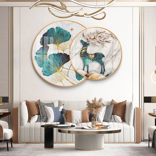 轻奢招财鹿客厅装饰画沙发背景墙新中式餐厅玄关圆形壁画挂画现代