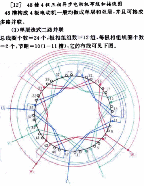 一台三相48槽4极电机线圈绕组怎么连接