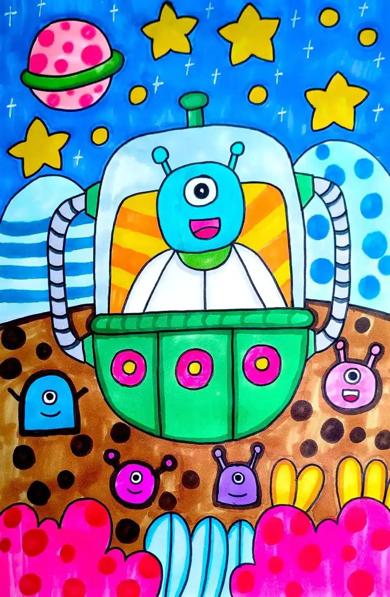 6-7岁科幻画.外星人科幻画#儿童画 #简笔画 #一起学画画 - 抖音