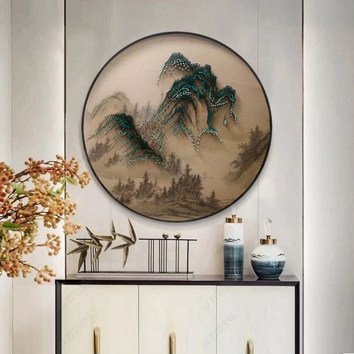 新中式圆形装饰画入户玄关山水立体钉子画走廊客厅茶室墙壁挂画