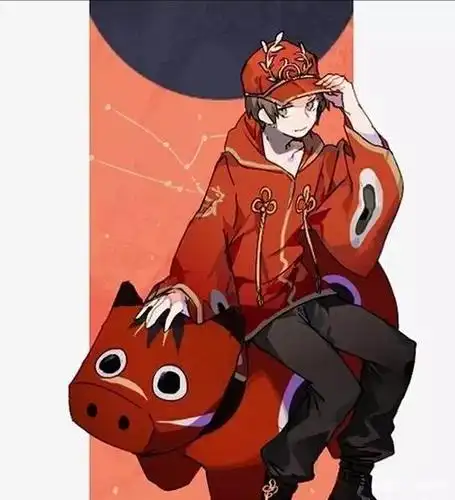 四,金牛座的拟人穿着一身红衣服,坐在一只红色的呆牛身上,模样很是随