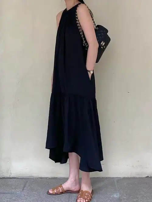 nice黑色法式复古连衣裙女夏气质抽绳设计高级连衣裙