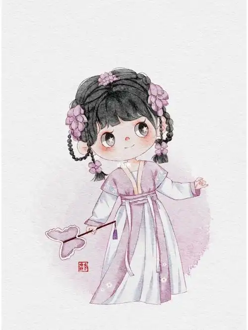 板绘水彩古风全身q版人物