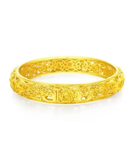 周大福 孔雀花纹镂空足金镯子黄金手镯女士