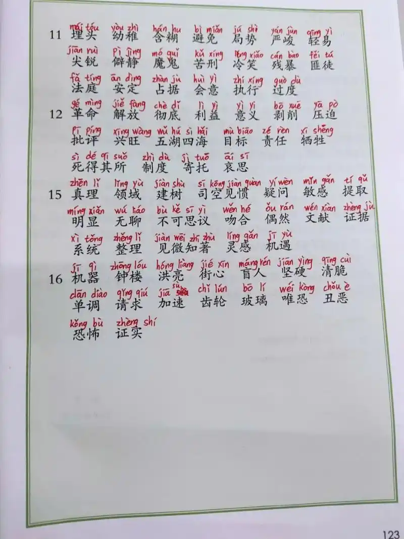 六年级语文下册词语表注音版