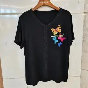 亨格舒25308大码女装妈妈装2021夏宽松中年v领镶钻印花针织t恤女