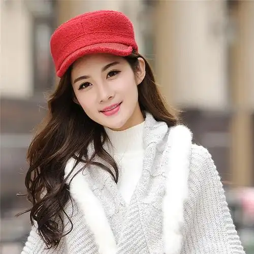 新款欧美秋冬季俏皮平顶羊毛帽进口包边羊毛呢子帽百搭女款帽子潮